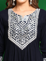 Thumbnail for Mirror Embroidered Kurta With Pant & Necklace Dupatta, Navy Blue - Hiral Fashion - Distacart
