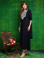 Thumbnail for Mirror Embroidered Kurta With Pant & Necklace Dupatta, Navy Blue - Hiral Fashion - Distacart