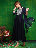 Thumbnail for Mirror Embroidered Kurta With Pant & Necklace Dupatta, Navy Blue - Hiral Fashion - Distacart