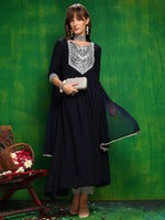 Thumbnail for Mirror Embroidered Kurta With Pant & Necklace Dupatta, Navy Blue - Hiral Fashion - Distacart