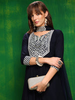 Thumbnail for Mirror Embroidered Kurta With Pant & Necklace Dupatta, Navy Blue - Hiral Fashion - Distacart