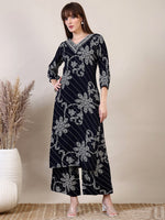 Thumbnail for Embroidered & Floral Printed Co-Ords, Navy Blue - Hiral Fashion - Distacart