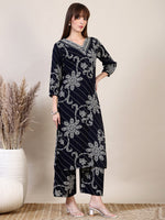 Thumbnail for Embroidered & Floral Printed Co-Ords, Navy Blue - Hiral Fashion - Distacart
