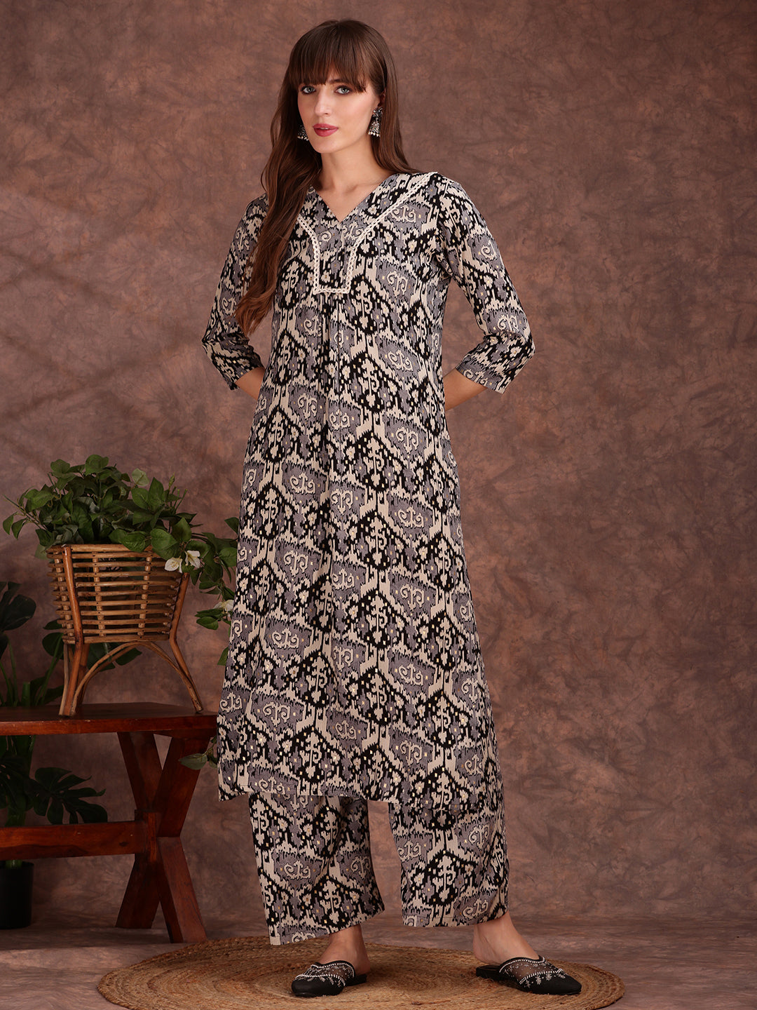 Ethnic Motifs Printed Lace Detailing Kurta And Palazzo, Black - Hiral Fashion - Dista