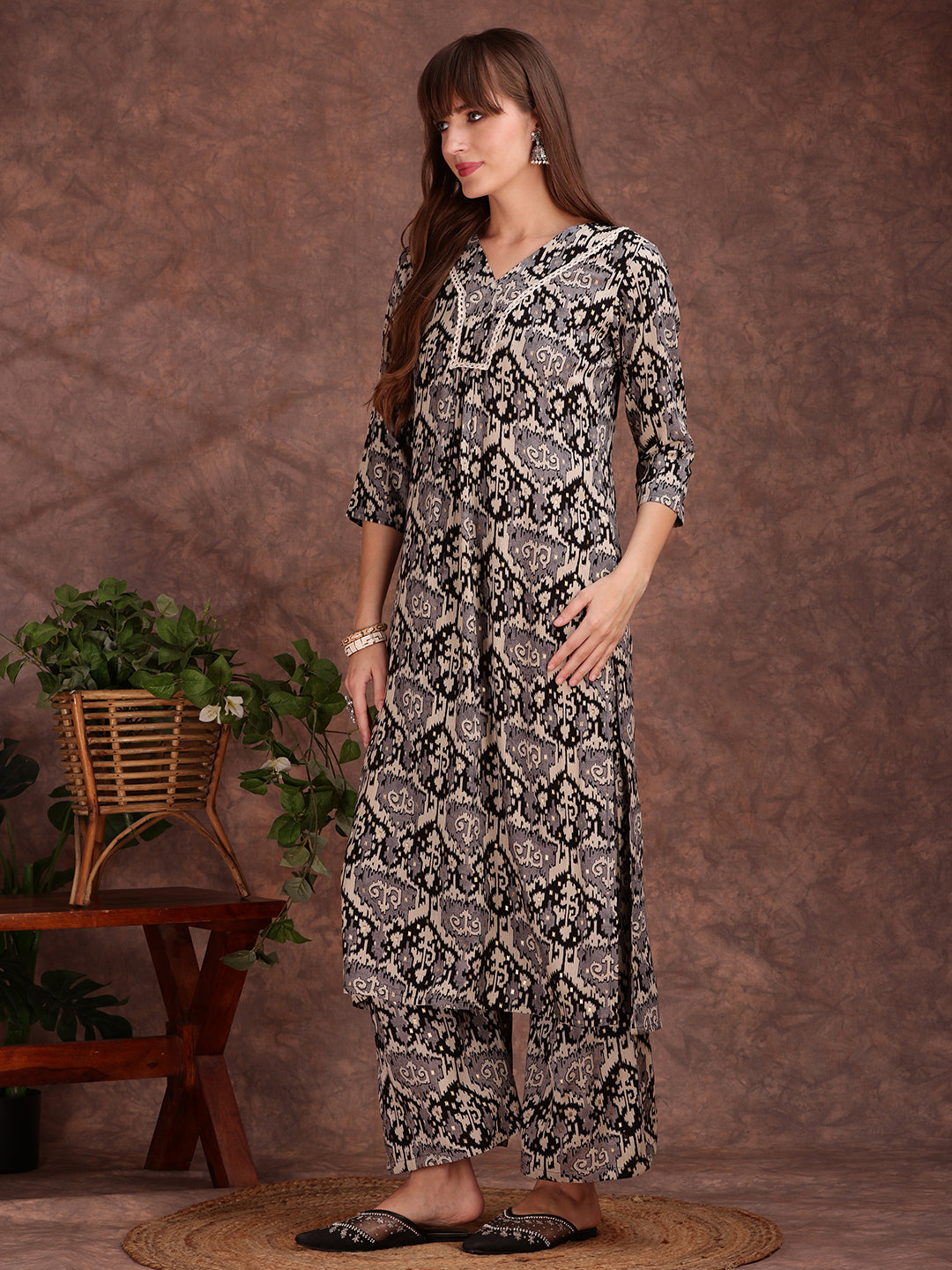 Ethnic Motifs Printed Lace Detailing Kurta And Palazzo, Black - Hiral Fashion - Dista