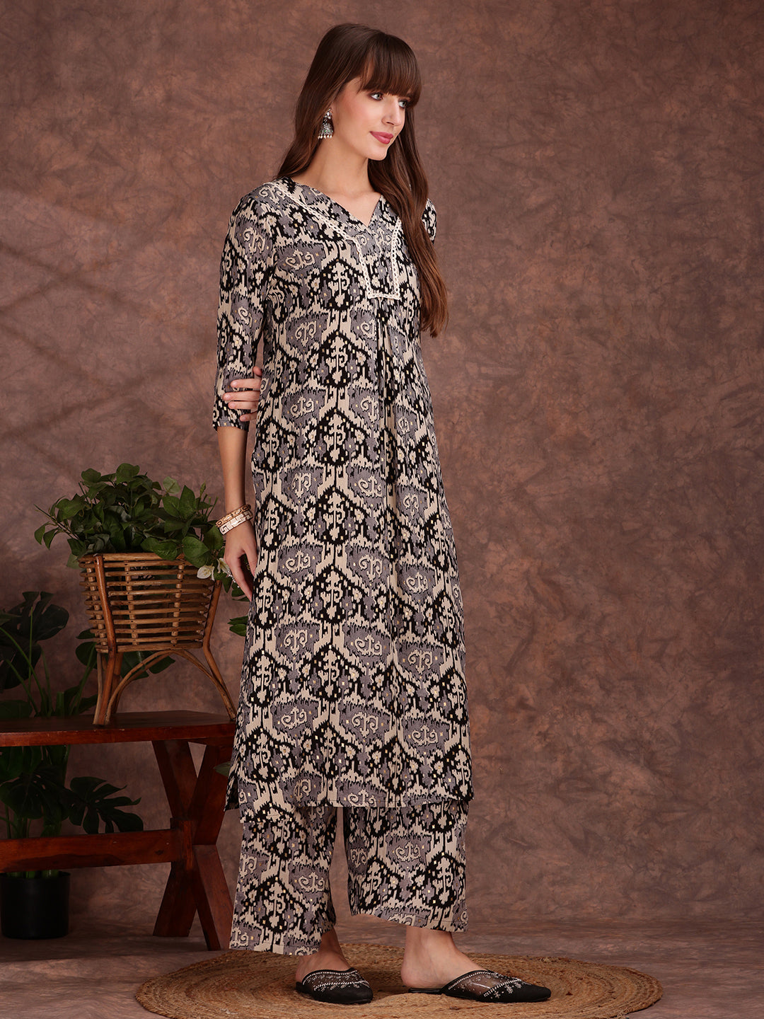 Ethnic Motifs Printed Lace Detailing Kurta And Palazzo, Black - Hiral Fashion - Dista