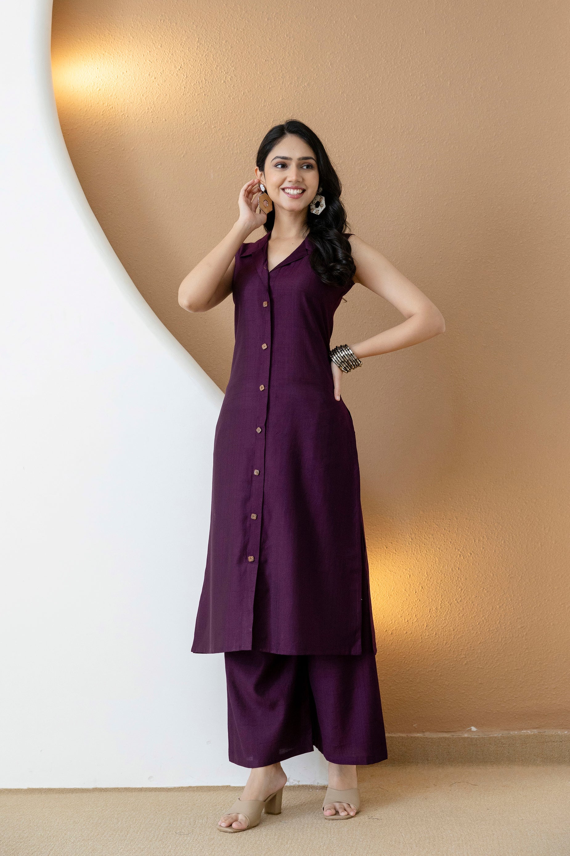 Shirt Style Kurta With Palazzo, Purple - Hiral Fashion - Dista