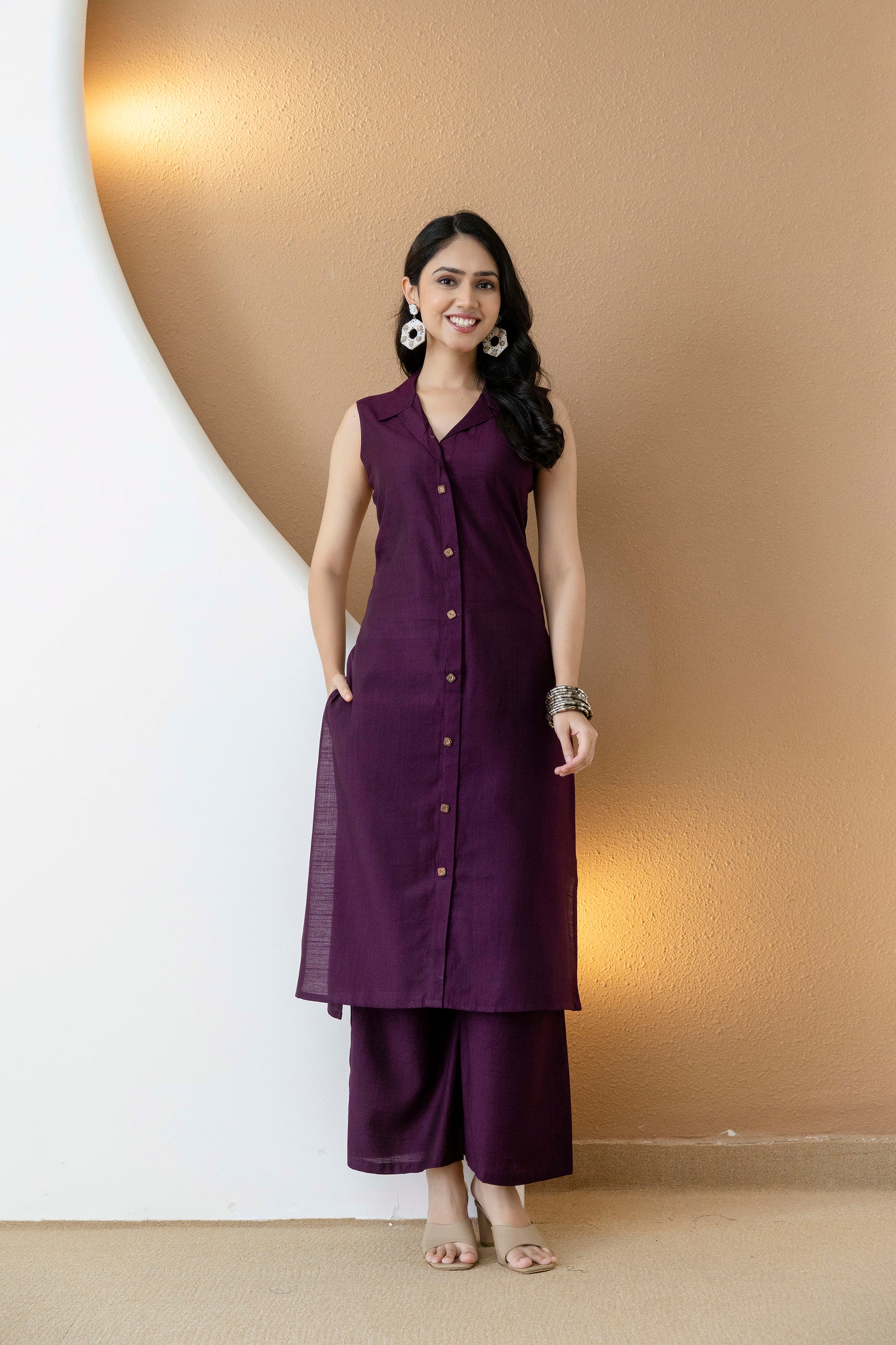 Shirt Style Kurta With Palazzo, Purple - Hiral Fashion - Dista
