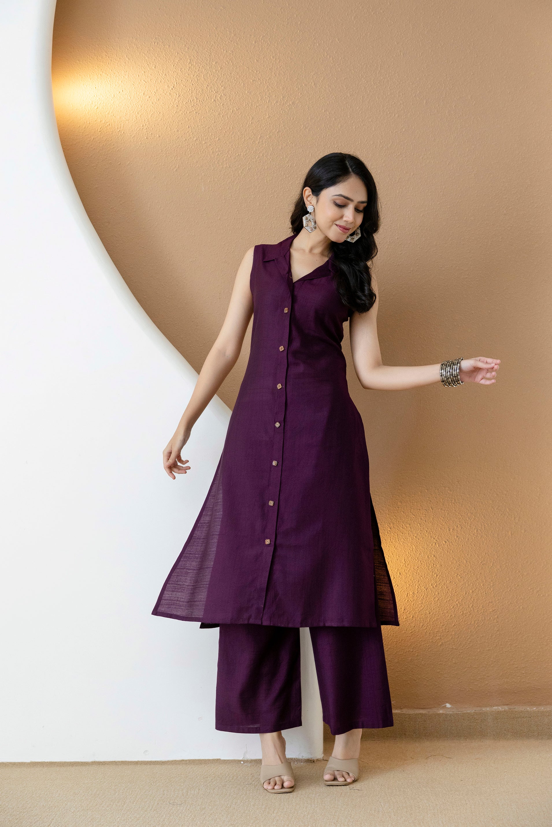 Shirt Style Kurta With Palazzo, Purple - Hiral Fashion - Dista