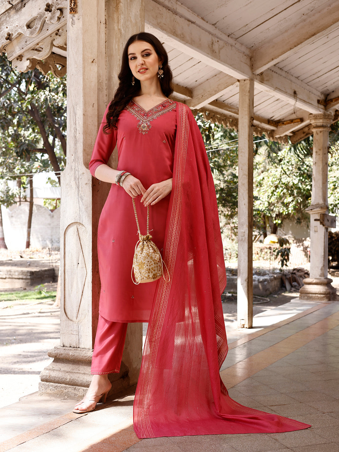 Hand Embroidered Kurta With Pant & Banarasi Dupatta, Multicolor - Hiral Fashion