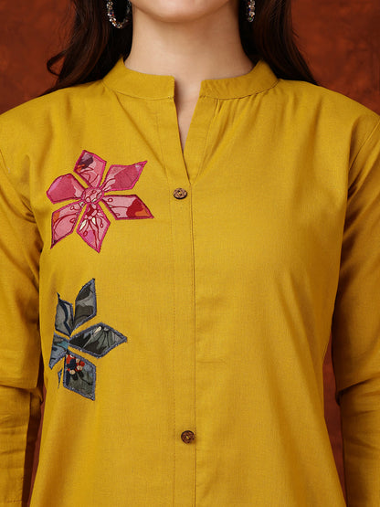 Placement Floral Front Buttoned Kurta With Pant, Mustard - Hiral Fashion - Distacart