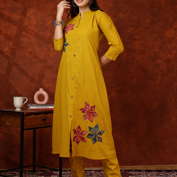 Placement Floral Front Buttoned Kurta With Pant, Mustard - Hiral Fashion - Distacart