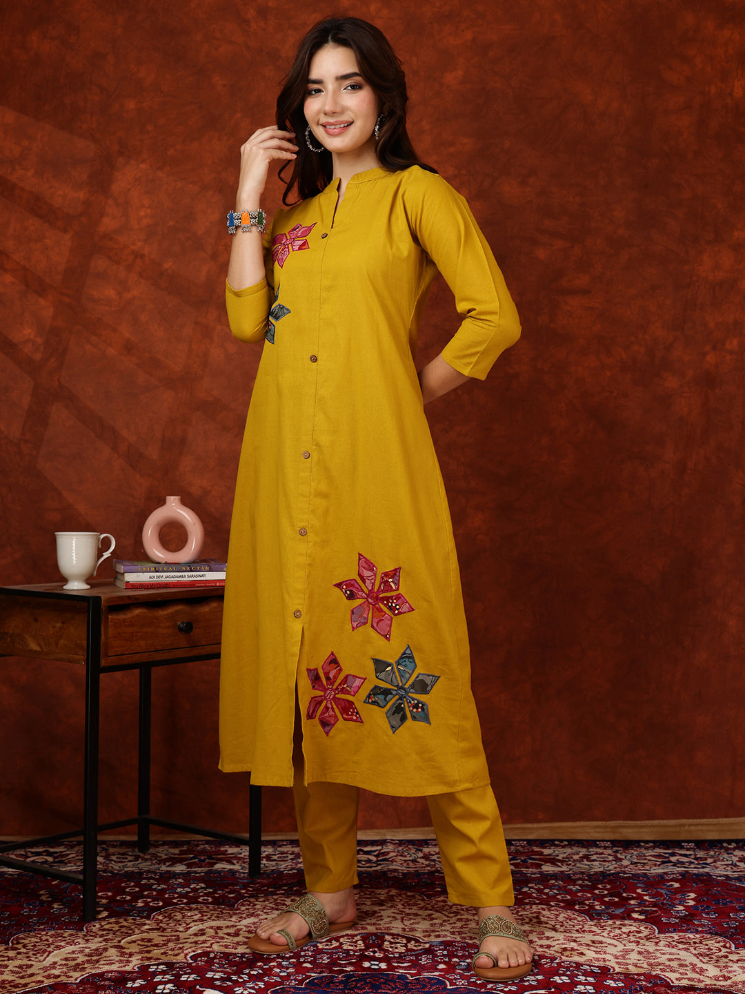 Placement Floral Front Buttoned Kurta With Pant, Mustard - Hiral Fashion