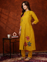 Thumbnail for Placement Floral Front Buttoned Kurta With Pant, Mustard - Hiral Fashion - Distacart