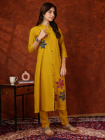 Thumbnail for Placement Floral Front Buttoned Kurta With Pant, Mustard - Hiral Fashion - Distacart