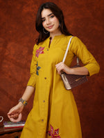Thumbnail for Placement Floral Front Buttoned Kurta With Pant, Mustard - Hiral Fashion - Distacart