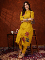 Thumbnail for Placement Floral Front Buttoned Kurta With Pant, Mustard - Hiral Fashion - Distacart