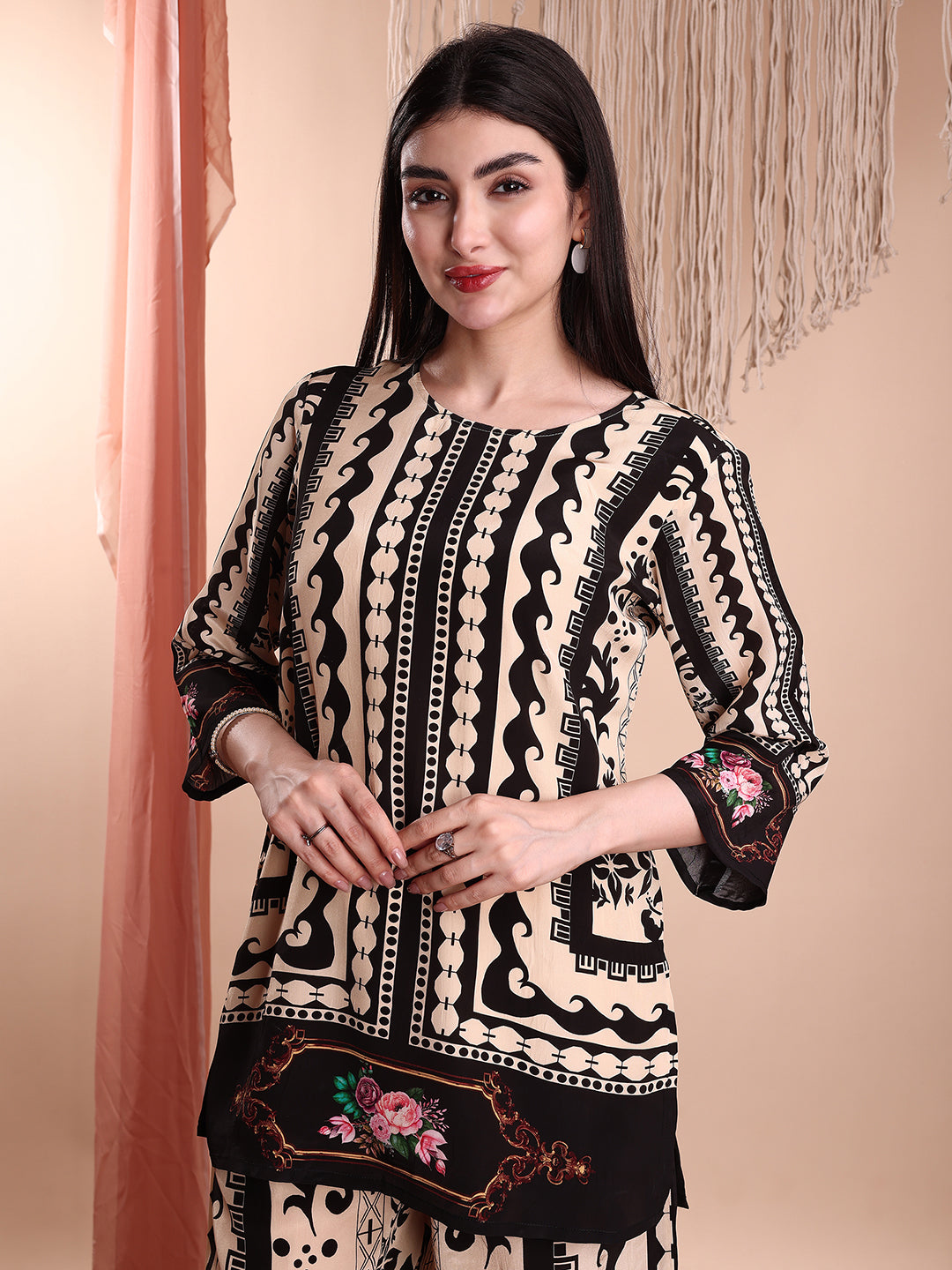 Floral & Geometric Printed Co-Ords, Black - Hiral Fashion - Distacart