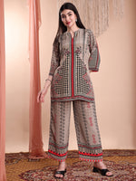 Thumbnail for Floral & Geometric Printed Co-Ords, Brown - Hiral Fashion - Distacart