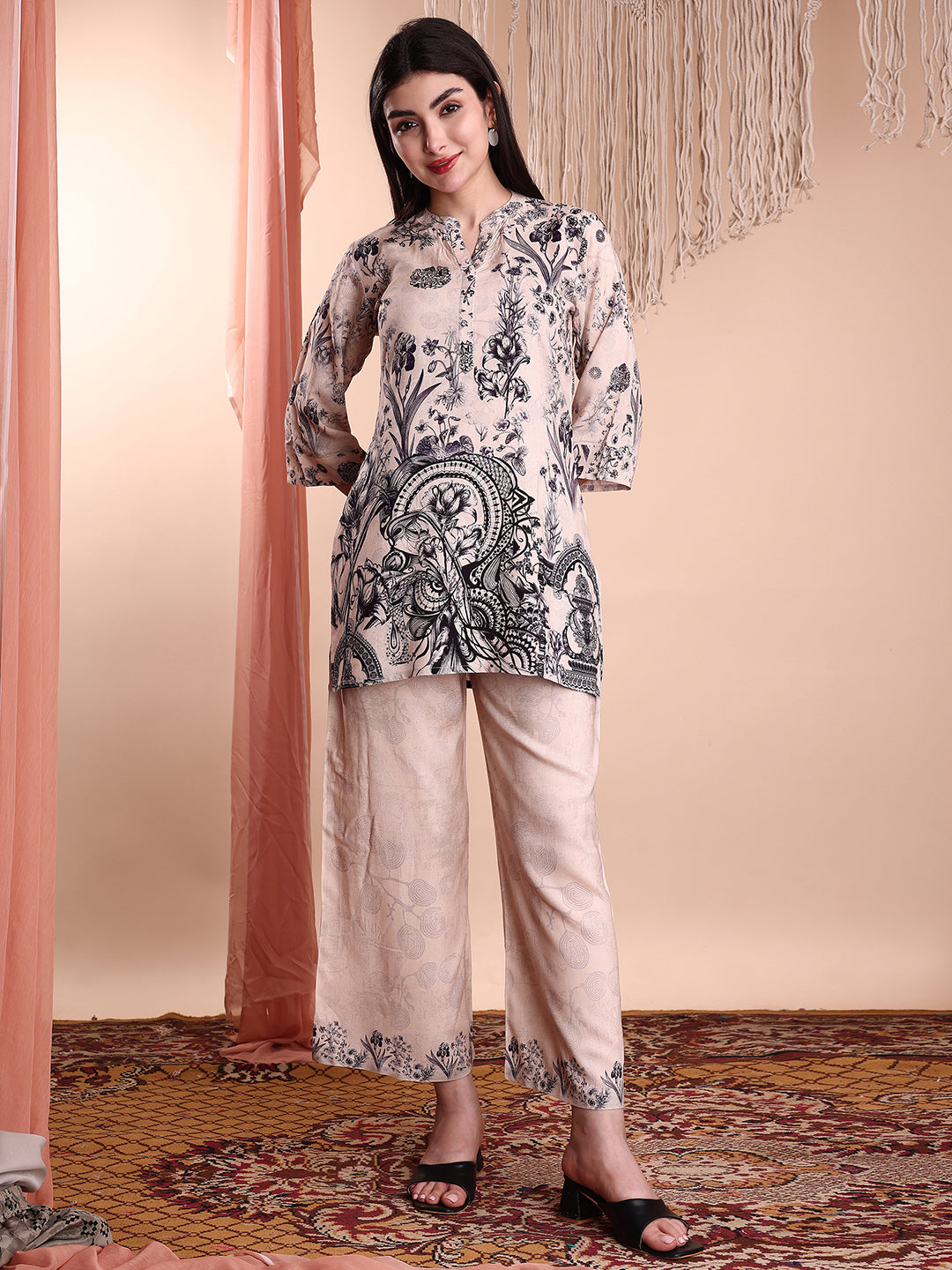 Floral & Paisley Printed Co-Ords, Beige - Hiral Fashion - Distacart