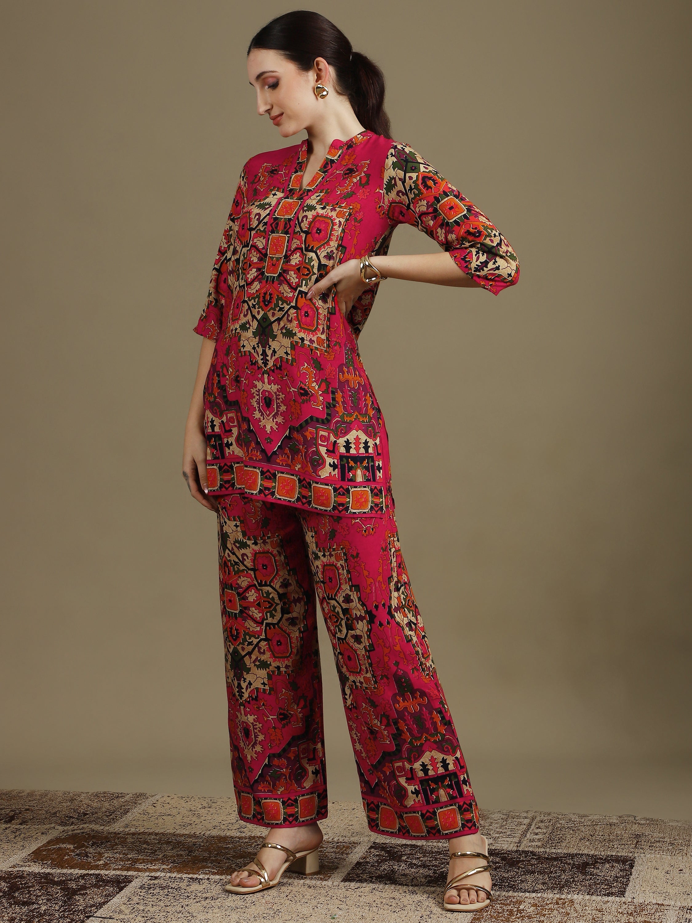 Ethnic Printed Co-Ord Set, Pink - Hiral Fashion - Distacart