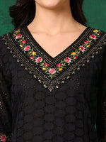 Thumbnail for Embroidered Chikankari Kurta With Pant & Printed Dupatta, Black - Hiral Fashion - Distacart