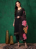 Thumbnail for Embroidered Chikankari Kurta With Pant & Printed Dupatta, Black - Hiral Fashion - Distacart