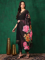 Thumbnail for Embroidered Chikankari Kurta With Pant & Printed Dupatta, Black - Hiral Fashion - Distacart