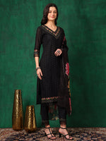 Thumbnail for Embroidered Chikankari Kurta With Pant & Printed Dupatta, Black - Hiral Fashion - Distacart