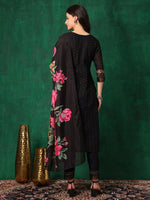 Thumbnail for Embroidered Chikankari Kurta With Pant & Printed Dupatta, Black - Hiral Fashion - Distacart