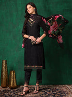 Thumbnail for Embroidered Chikankari Kurta With Pant & Printed Dupatta, Black - Hiral Fashion - Distacart