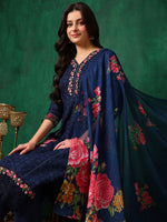 Thumbnail for Applique Placement Embroidered Kurta With Pant & Dupatta, Navy Blue - Hiral Fashion - Distacart