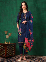 Thumbnail for Applique Placement Embroidered Kurta With Pant & Dupatta, Navy Blue - Hiral Fashion - Distacart