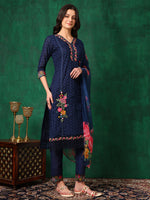 Thumbnail for Applique Placement Embroidered Kurta With Pant & Dupatta, Navy Blue - Hiral Fashion - Distacart