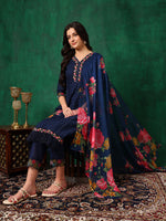 Thumbnail for Applique Placement Embroidered Kurta With Pant & Dupatta, Navy Blue - Hiral Fashion - Distacart