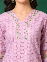 Thumbnail for Embroidered Chikankari Kurta With Pant & Dupatta, Lavender - Hiral Fashion - Distacart