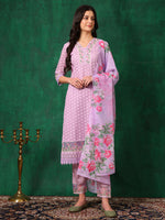 Thumbnail for Embroidered Chikankari Kurta With Pant & Dupatta, Lavender - Hiral Fashion - Distacart