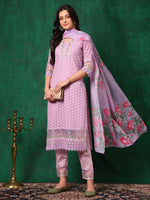 Thumbnail for Embroidered Chikankari Kurta With Pant & Dupatta, Lavender - Hiral Fashion - Distacart