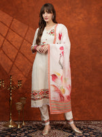 Thumbnail for Hand Embroidered & Chikankari Kurta With Pant & Floral Printed Dupatta, Cream - Hiral Fashion - Distacart