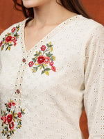 Thumbnail for Hand Embroidered & Chikankari Kurta With Pant & Floral Printed Dupatta, Cream - Hiral Fashion - Distacart