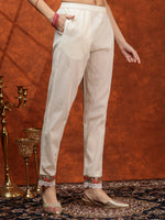 Thumbnail for Hand Embroidered & Chikankari Kurta With Pant & Floral Printed Dupatta, Cream - Hiral Fashion - Distacart