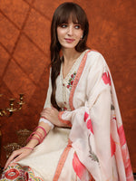 Thumbnail for Hand Embroidered & Chikankari Kurta With Pant & Floral Printed Dupatta, Cream - Hiral Fashion - Distacart