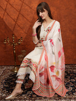 Thumbnail for Hand Embroidered & Chikankari Kurta With Pant & Floral Printed Dupatta, Cream - Hiral Fashion - Distacart