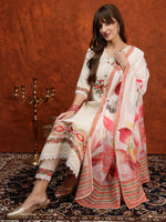 Thumbnail for Hand Embroidered & Chikankari Kurta With Pant & Floral Printed Dupatta, Cream - Hiral Fashion - Distacart