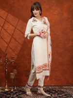 Thumbnail for Hand Embroidered & Chikankari Kurta With Pant & Floral Printed Dupatta, Cream - Hiral Fashion - Distacart