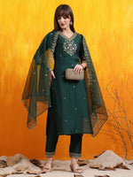 Thumbnail for Sequined Embroidered Kurta With Pant & Embroidered Dupatta, Bottle-Green - Hiral Fashion - Distacart