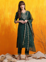 Thumbnail for Sequined Embroidered Kurta With Pant & Embroidered Dupatta, Bottle-Green - Hiral Fashion - Distacart