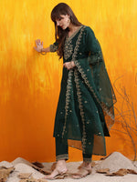 Thumbnail for Sequined Embroidered Kurta With Pant & Embroidered Dupatta, Bottle-Green - Hiral Fashion - Distacart