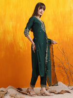 Thumbnail for Sequined Embroidered Kurta With Pant & Embroidered Dupatta, Bottle-Green - Hiral Fashion - Distacart