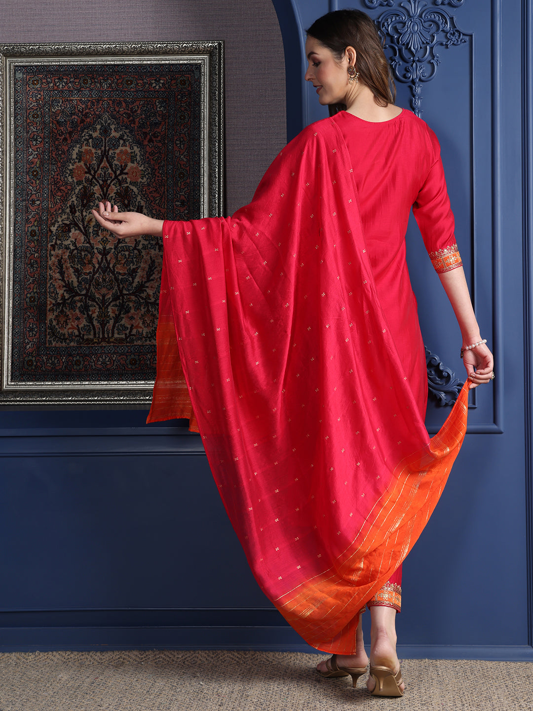 Embroidered Kurta With Pant & Two Toned Embroidered Dupatta, Pink - Hiral Fashion - Dista